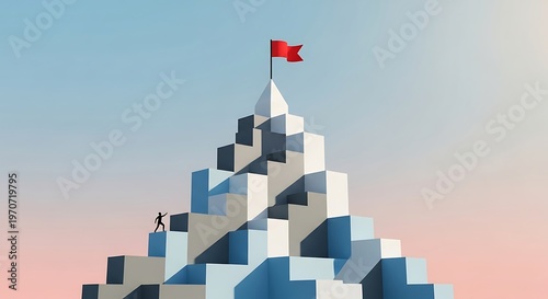 Tiny person climbing abstract mountain, reaching red flag isolated on transparent background