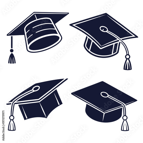 Graduation cap vector icons set, academic mortarboard hats with tassels, black and white university commencement symbols for education design
