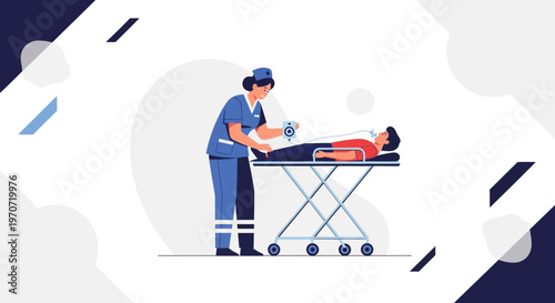 Nurse examines patient on stretcher, medical care, emergency, healthcare concept