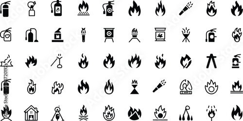 Fire icons, firefighting symbols, flame graphics, fire extinguisher illustration, torch icon, campfire design, gas burner, fire hazard, safety equipment, emergency