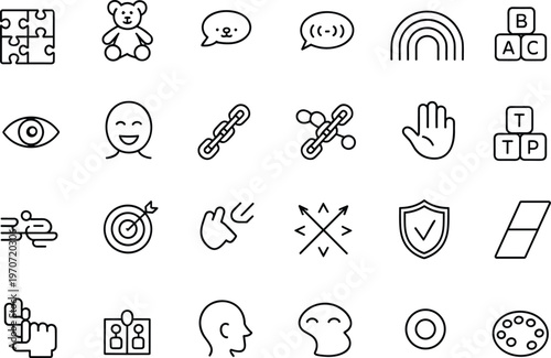 Education icons, puzzle pieces, teddy bear, speech bubble, rainbow, alphabet blocks, eye, smiling face, chain link, raised hand, target, shield, palette