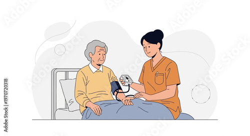 Nurse checks elderly patient's blood pressure in hospital bed, healthcare illustration