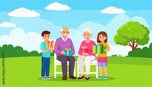 Cheerful grandchildren giving colorful presents to their loving grandparents in a green park