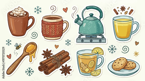 Hot Beverage Icons with Cookies and Spices