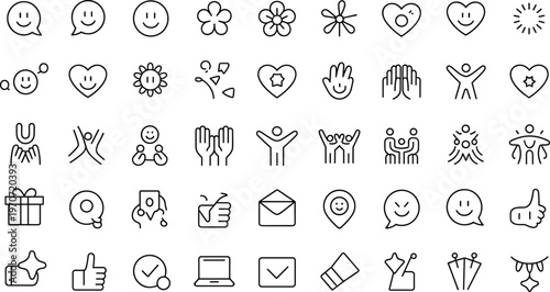Emoji icons, smiley faces, hearts, flowers, hands gestures, gift box, thumbs up, check mark, envelope, location pin, celebration symbols