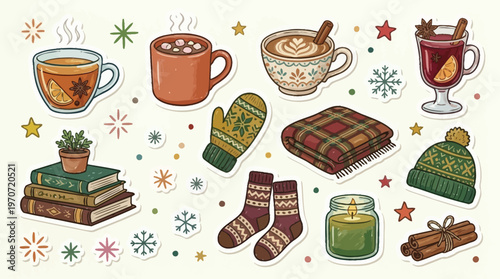Cozy Winter Objects with Hot Drinks and Warm Clothing