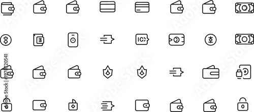 Finance icons, digital wallet, online payment, credit card, currency, security shield, lock, fintech design, transaction arrows, user profile, money transfer