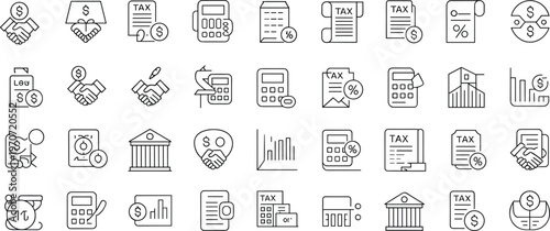 Finance icons, tax symbols, accounting graphics, money transaction visuals, calculator illustration, financial graphs, government building, handshake agreement, tax document, percentage
