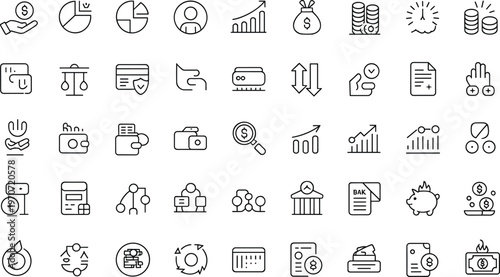 Finance outline icons set, money, banking, investment, wallet, credit card, piggy bank, coins, graphs, business, economy, financial management illustration