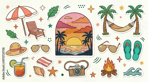 Beach Vacation Icons with Palm Trees and Sunset