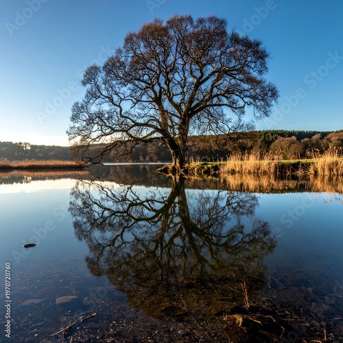 Serene Lake Reflection of a Bare Tree Under a Clear Blue Sky.