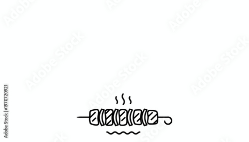 Simple Line Art Icon of a Skewer with Meat Grilling Over Heat