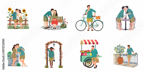 Set of romantic summer scenes in a Mediterranean style featuring couples, leisure activities, flowers, and charming outdoor settings in flat illustration.
