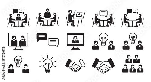 Business partnership and networking icons set with handshake symbols and remote video interview elements.