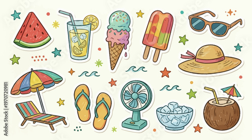 Summer Vacation Icons with Watermelon, Popsicles, Sunglasses and and Beach Chair