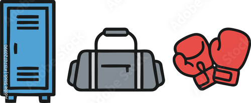 Vector illustration of blue locker, gray duffel bag, and red boxing gloves. Flat vector style for gym, fitness, sport, school, and training equipment themes.