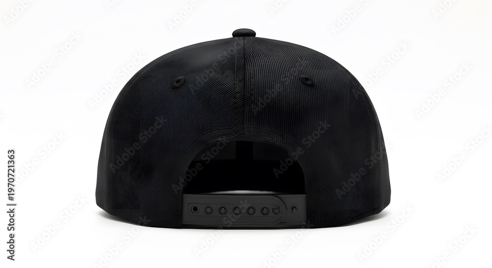 Fototapeta premium Back View of a Black Baseball Cap with Adjustable Snapback Closure Isolated on White