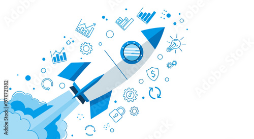 Futuristic rocket launch illustration depicting space propulsion and high-tech icons in blue.
