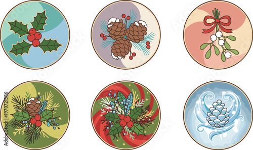 Vector set of colorful winter plant icons featuring holly berries pinecones mistletoe and evergreen branches for holiday floral design.
