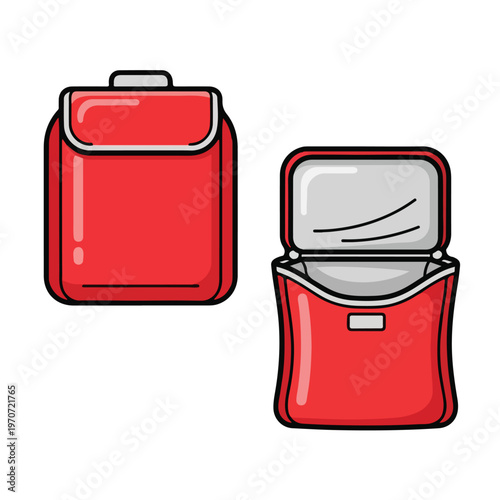 A red cooler with lid closed and open