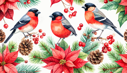 Charming Watercolor Bullfinches Perched Amidst Festive Poinsettias Pine Branches and Berries Seamless Pattern