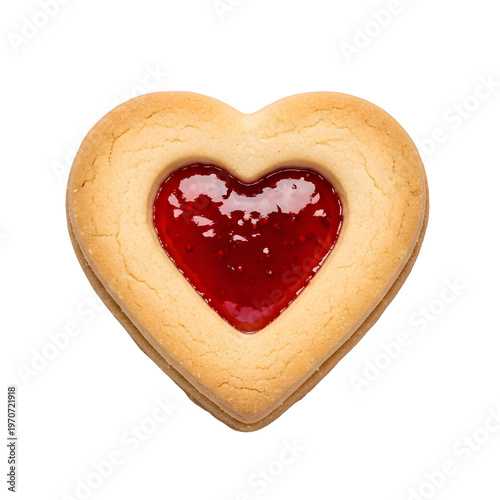 A single heart-shaped shortbread cookie with a red raspberry jam filling, isolated on a white background.
