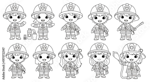 Set of cheerful firefighter cartoon characters in various poses and outfits for kids.