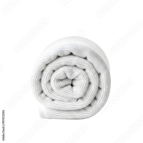 A tightly rolled clean white terrycloth towel, viewed from the side against a pure white background.