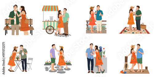 Flat vector illustration collection of a young couple on various summer dates, playfully sharing ice cream in different outdoor and leisure settings.