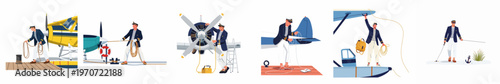 Collection of flat vector illustrations featuring a captain pilot mooring, maintaining, and preparing his seaplane for flight at a dock.