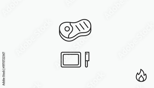 Raw Steak, Cutting Board, and Knife Icon Set: Culinary Preparation and Grilling Concept