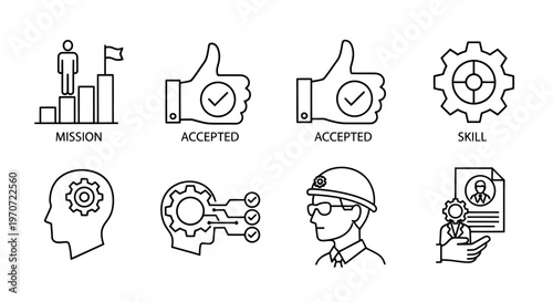 Collection of business and engineering concept icons including mission, acceptance, skills, gears, and worker illustrations.