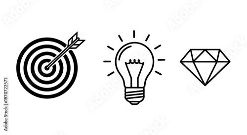 Target, light bulb and diamond icons representing goals, ideas, and value in business graphic elements.