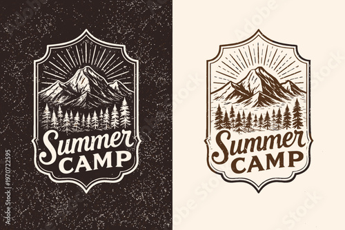 Vintage summer camp emblem designs mountain landscape with forest and text