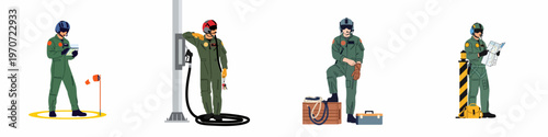 Set of illustrations featuring military or helicopter pilots in flight suits performing various pre-flight and operational duties on a white background.