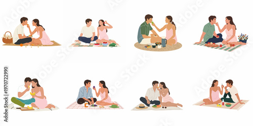 A collection of flat vector illustrations featuring romantic young couples enjoying picnics and feeding each other various fruits on blankets.