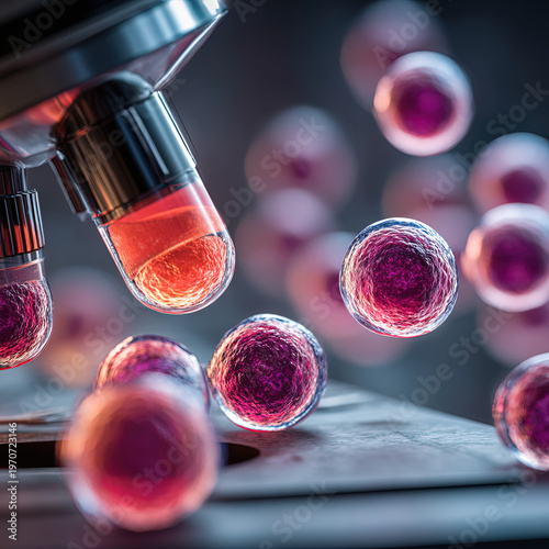 Macro view of microscope lens focusing on glowing cell sample in petri dishes, illustrating advanced biomedical research and laboratory innovation.