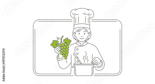 Chef holding grapes and cooking in pot, line art illustration