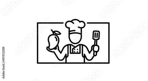 Chef holding mango and spatula, cooking icon, healthy food, culinary art, restaurant, kitchen