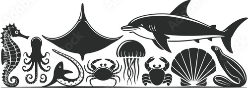 Set of various sea animals including shark, stingray, octopus, jellyfish, crab, seahorse, and seashell