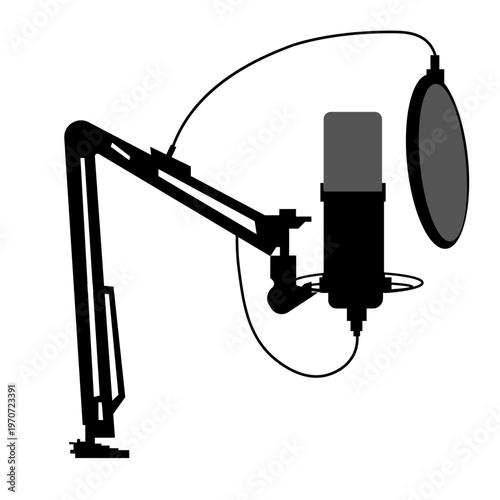 studio condenser microphone set up on a boom arm stand with a pop filter, Streaming podcast 