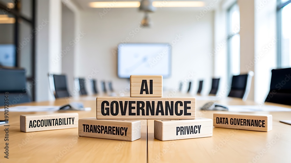 Obraz premium AI governance concept with blocks representing accountability transparency and privacy in technology 