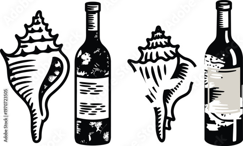 Seashells and wine bottles with black and white with still life