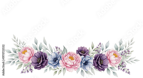 Watercolor curved floral swag arrangement with pink peonies and purple anemones