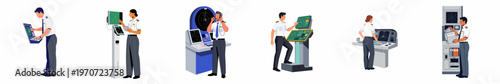 Vector illustration set of diverse aviation professionals, pilots, and air traffic controllers operating radar consoles and monitoring flight systems.