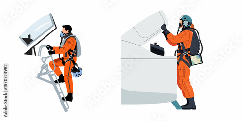 Illustration of air force pilots in orange jumpsuits with oxygen masks, getting ready to fly a fighter jet on a white background.