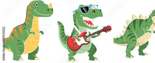 Cute Cartoon Dinosaur Characters Set with Funny T Rex Playing Guitar and Cool Reptile Poses for Kids Illustration, Music Theme Design, Stickers and Mascots