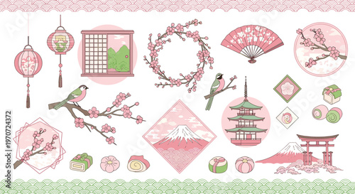 Japanese spring elements with Mount Fuji, pagodas, and cherry blossoms.