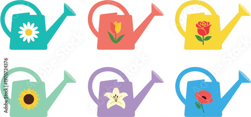 Collection of colorful watering cans with floral designs flat vector illustrations for gardening and spring concepts isolated on white