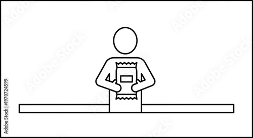 Person holding a packaged food item, possibly snacks or candy, in a simple line art style.